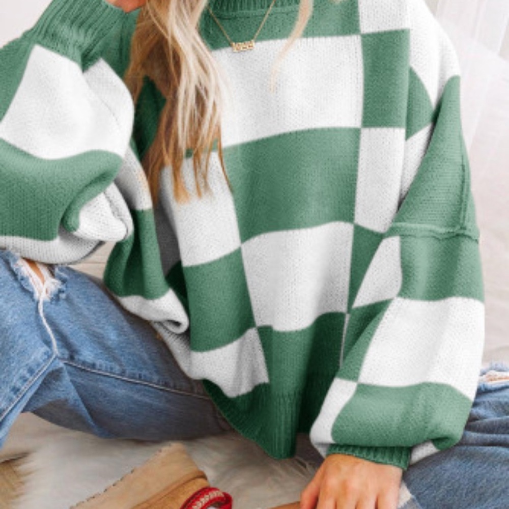 NWOT Green Checkered Bishop Sleeve Sweater